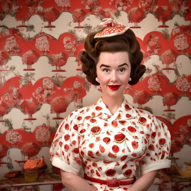 Prompt: Wes Anderson type portrait of a 1950s housewife with a huge beehive hairdo in a red dress with a white apron against a backdrop of 1950s style wallpaper