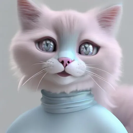 Prompt: Photo of a 3d style realistic pastel pink colored cat wearing a light blue silk evening dress and pearls around its neck
