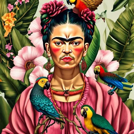 Prompt: ultra beautiful and lifelike realistic Frida Kahlo style portrait of a woman sitting in a chair with a parrot on her shoulder against a flowery wallpaper background