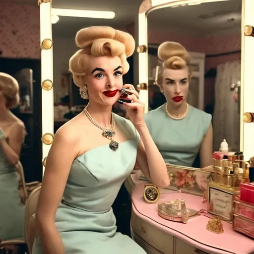 Prompt: Wes Anderson Style 1950s housewife with full makeup, wearing a black evening dress and a diamond necklace with curlers in her blond hair sitting in front of an old fashioned vanity mirror applying lipstick in a retro style bedroom