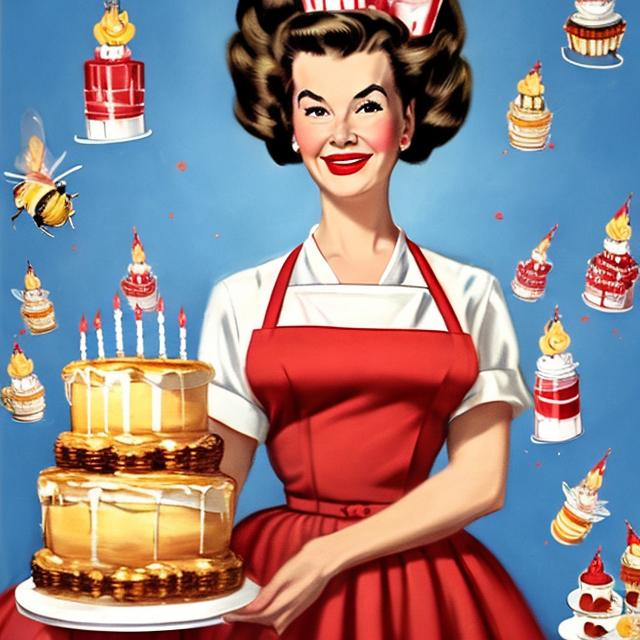 Prompt: realism portrait of a 1950s housewife with a huge beehive hairdo in a red dress with a white apron holding a large birthday cake with candles on it  against a blue backdrop