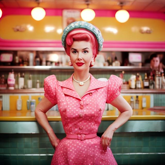 Prompt: Wes Anderson type portrait of a 1950s housewife with a huge beehive hairdo in a pink dress at the bar of a  diner 