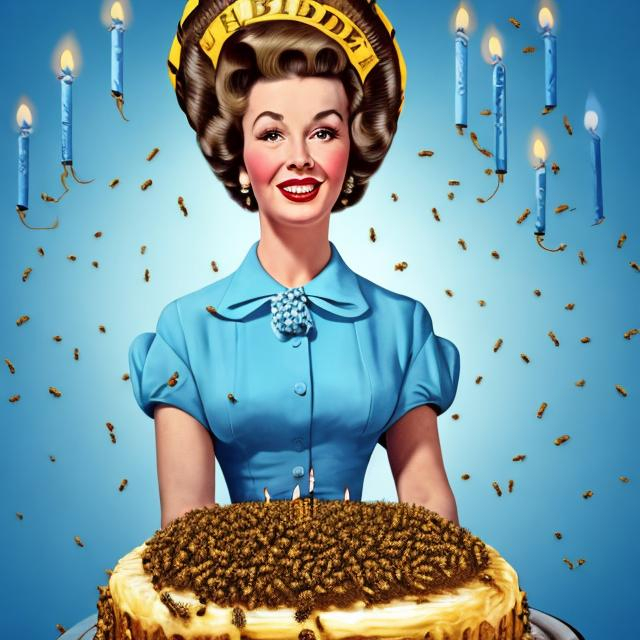 Prompt: realism portrait of a 1950s housewife with a huge beehive hairdo holding a large birthday cake with candles on it  against a blue backdrop