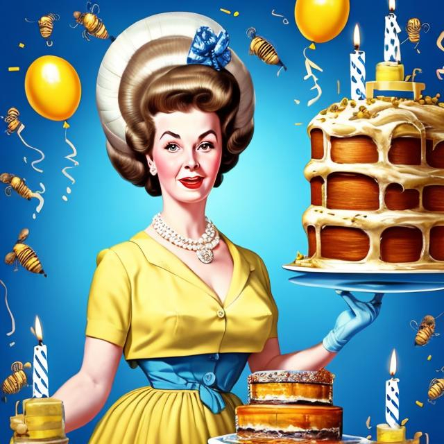 Prompt: realism portrait of a 1950s housewife with a huge beehive hairdo holding a large birthday cake with candles on it  against a blue backdrop