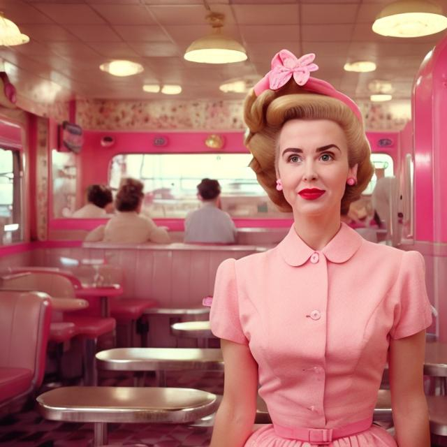 Prompt: Wes Anderson type portrait of a 1950s housewife with a huge beehive hairdo in a pink dress at a diner