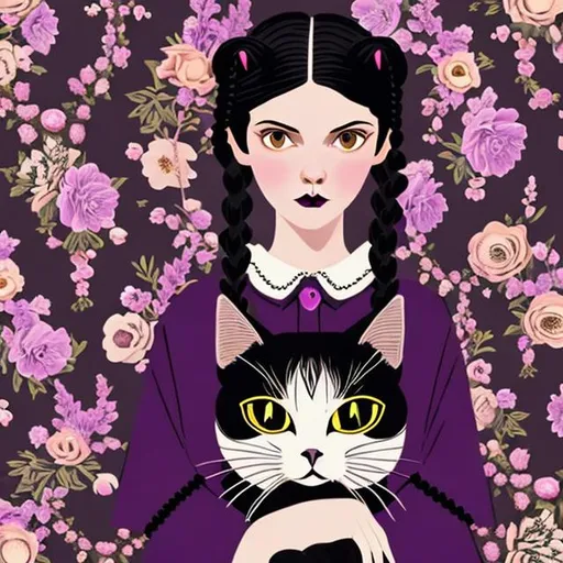 Prompt: Wes Anderson type gothic style portrait of a young girl with long black hair in braids and black gothic dress holding a cute black cat against a backdrop of flowery purple wallpaper