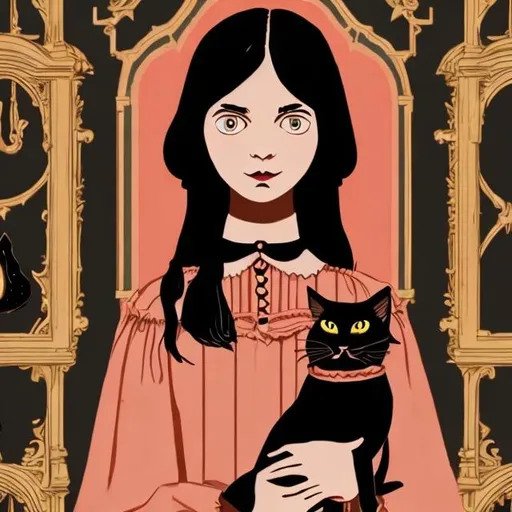 Prompt: wes anderson style gothic young girl with long black hair and dark colored frock holding a black cat 