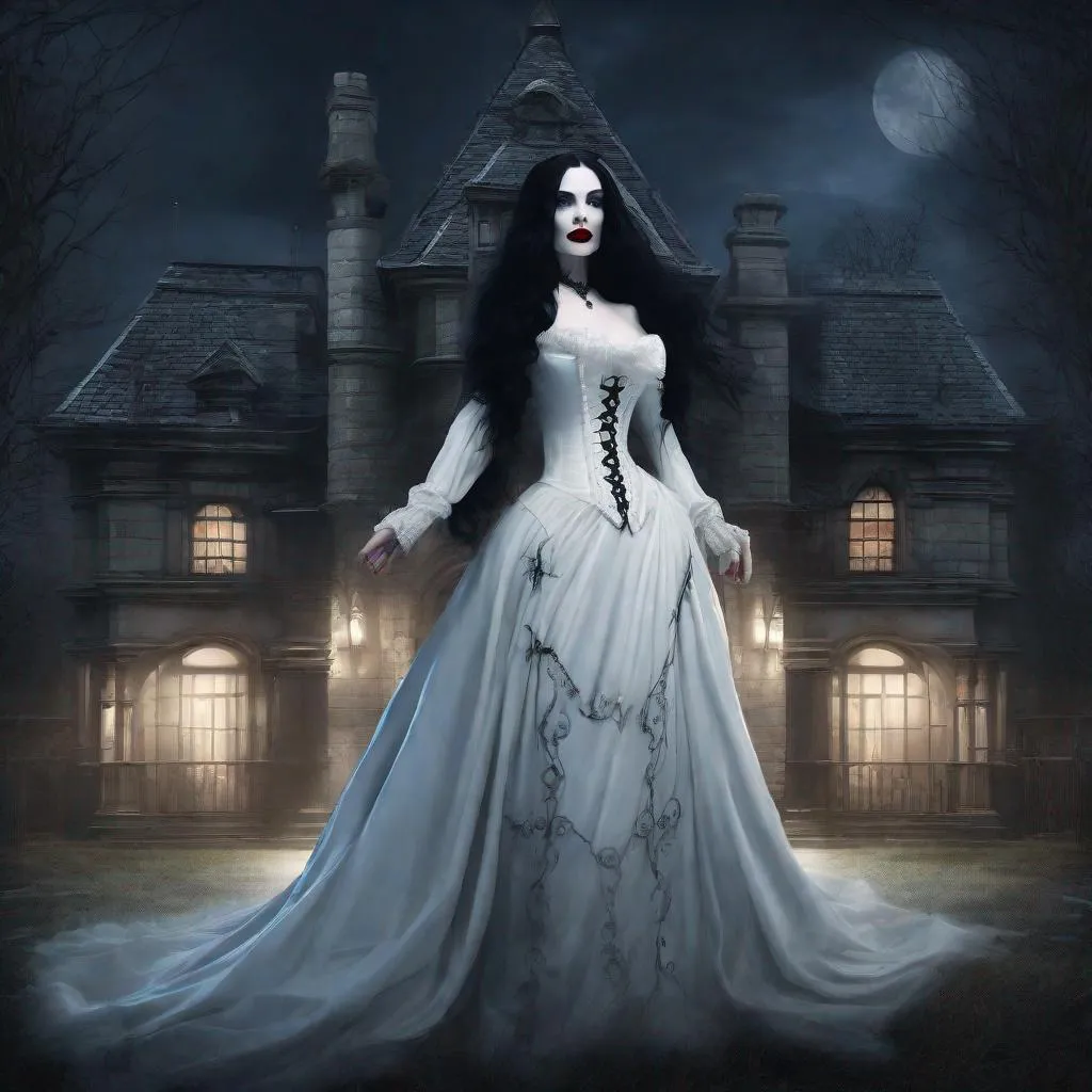 Prompt: ultra beautiful realistic and lifelike gothic vampiric woman with red lips, long black hair and blue eyes wearing a white flowing victorian style gown and a very curvaceous figure stands in front of a dark gothic mansion at night