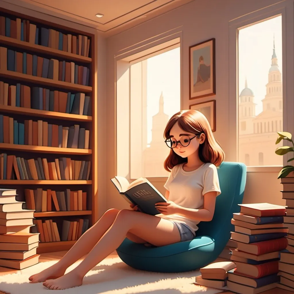 Prompt: relax cartoon girl read a books in libert room