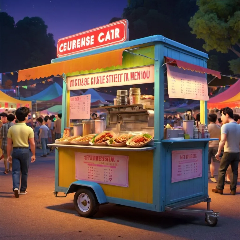 Prompt: Colourful Food Cart with extensive menu in a night market
