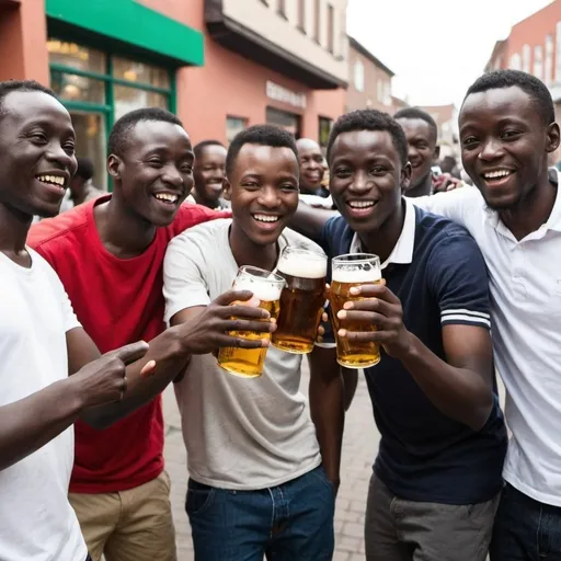 Prompt: Africans celebrating in town with beers