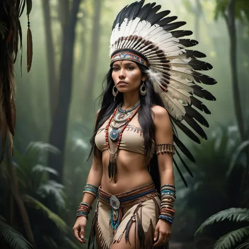 Prompt: A full-body shot of a powerful and beautiful South American native Indian woman in a fantasy setting. She has long, flowing dark hair adorned with vibrant feathers and tribal jewelry. Her clothing is a mix of traditional attire and fantastical elements, with intricate patterns and symbols. Her posture is strong and confident. The background is minimalist, using soft gradients or abstract shapes in neutral tones to focus on the figure, eliminating the lush rainforest and mystical elements.