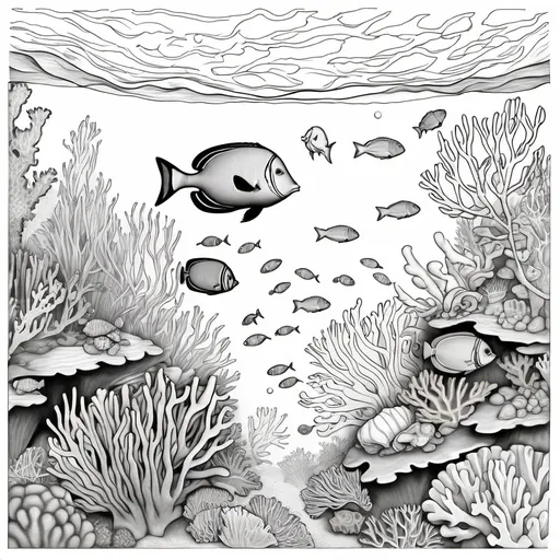 Prompt: please create 1 drawing 8.5 x 8.5 inches ready to color for adults and children of the Australian Great Barrier Reef with coral and fish