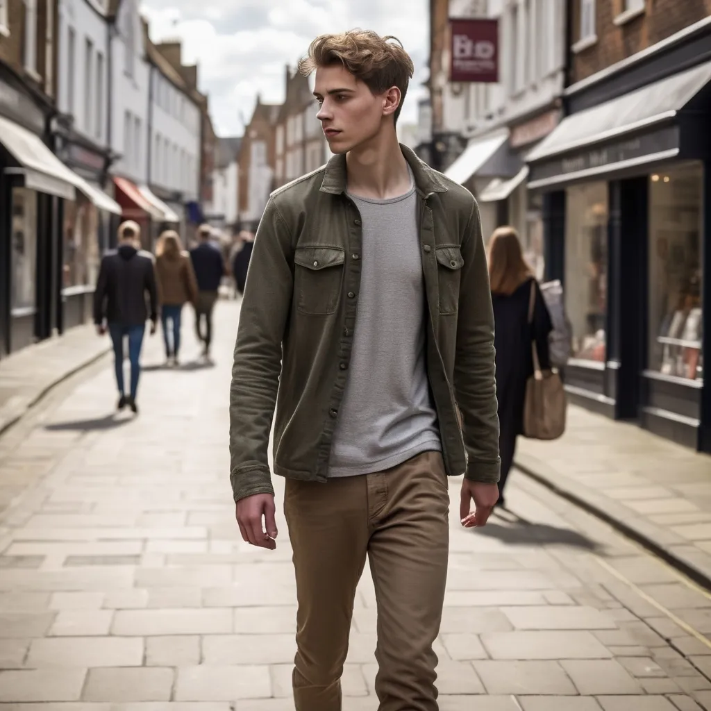 Prompt: Tall young man walking down the high street, detailed clothing, realistic, natural lighting