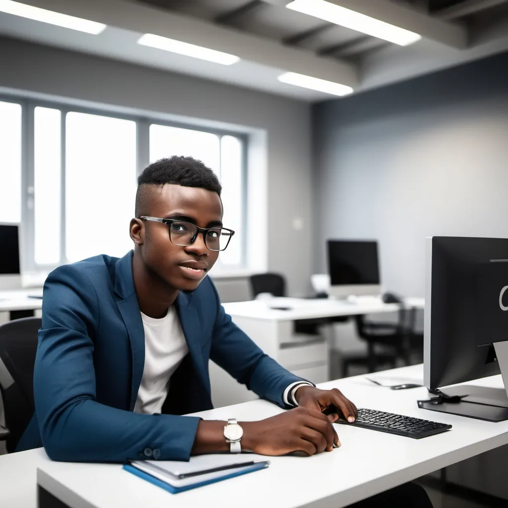 Prompt: Generate a picture of a young African man, working in a a modern work room with his computer