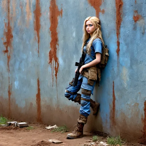 Prompt: A girl, with long blonde hair, olive skin and blue eyes, wearing solider gear. Leaning in a wall in post- apocalyptic America. The wall is metallic with rust, and the ground is soil. She has a bored look on her face.