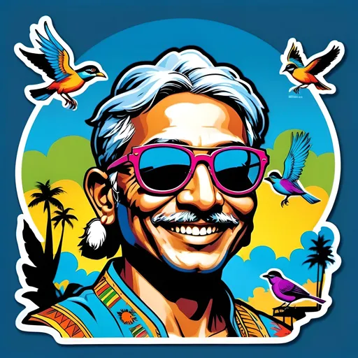 Prompt: Pop art illustration of a smiling Indian person, dark sunglasses, gazing at birds, vibrant colors, comic book style, urban setting, retro vibes, high energy, detailed facial expression, sunglasses reflecting sky, birds in the sky, vibrant pop art, urban, comic book style, retro, energetic, detailed facial features, bright colors, dynamic lighting