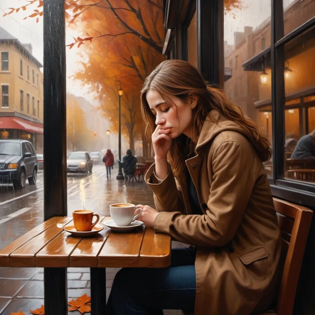 Prompt: Heartbroken person sitting alone at a cafe, autumn leaves falling in the background, emotional sadness, realistic oil painting, warm earthy tones, soft and melancholic lighting, pouring rain outside, steam rising from a cup of coffee, best quality, highres, emotional, realistic, autumn, melancholic, rain, cafe, heartbroken, oil painting, warm tones, pouring rain, emotional lighting