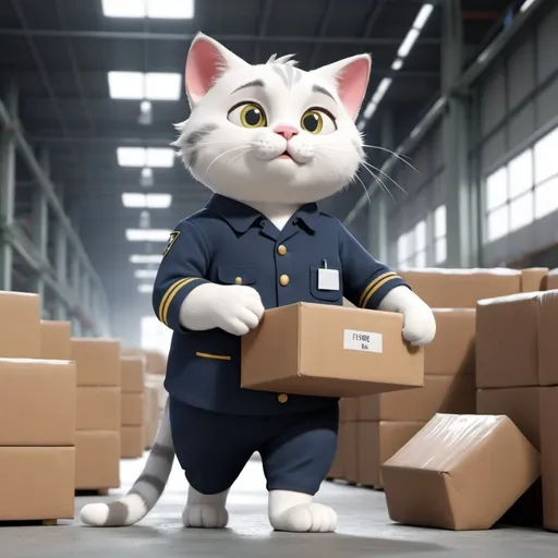 Prompt: an animated cat working in the factory in uniform carrying heavy things