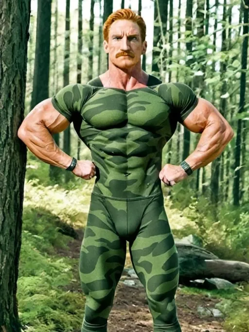 Prompt: red haired,muscular escanor with mustashe, wearing camouflage gym clothes. escanor is posing in the front lat spread for the camera in a forest.