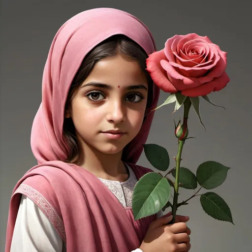 Prompt: using realistic, generate a rose carried by a dutiful little Arabic girl.
 