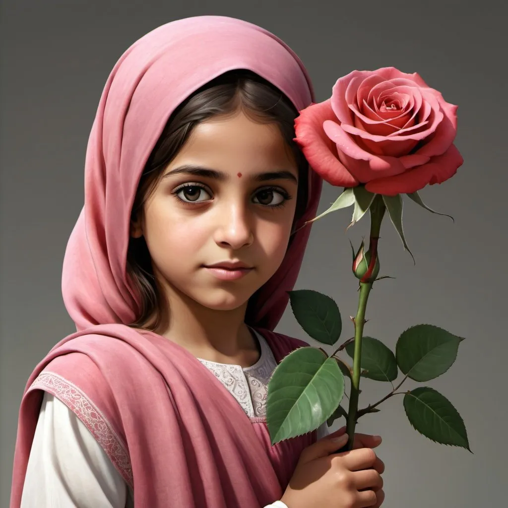 Prompt: using realistic, generate a rose carried by a dutiful little Arabic girl.
 