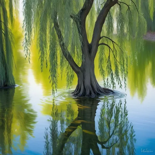 Prompt: Upside-down reflection of a weeping willow tree in the water, anemone flowers by the Roaring vortex water, high quality, detailed water reflections, impressionistic painting, serene color palette, dynamic lighting, weeping willow tree, anemone flowers, detailed reflections, high quality, impressionistic painting, serene colors, dynamic lighting, natural beauty, reflective surface, detailed leaves, tranquil atmosphere