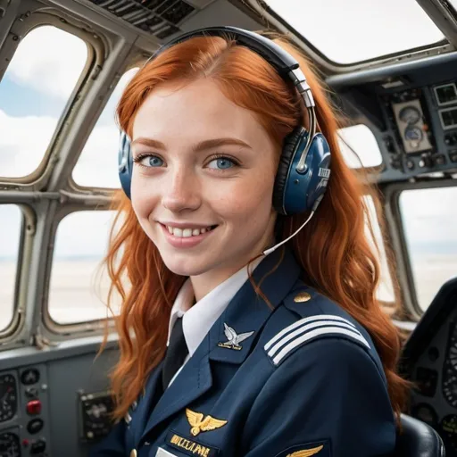 Prompt: Young lady with red hair and blue eyes , smiling, wearing headphones, in pilot's uniform, sitting in airplane cockpit, side view, detailed hair and eyes, oil painting, realistic, modern aviation, professional attire, smiling expression, natural lighting, warm tones, high quality, detailed, realistic, cockpit interior, aviation, modern, professional, side view, detailed eyes, detailed hair