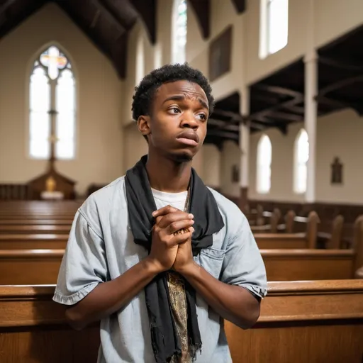 Prompt: A young black man wearing broken clothes old clothes despairing praying in the church holding bible bow down 