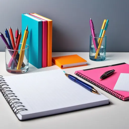 Prompt: High-res, square office supplies advertisement image, modern illustration, vibrant colors, professional layout, detailed stationery items, sleek and stylish design, crisp and clear, colorful, modern, minimalist, bright lighting, ultra-realistic, top quality, pen, notebook, organizer, desk lamp, vibrant, promotional, e-commerce