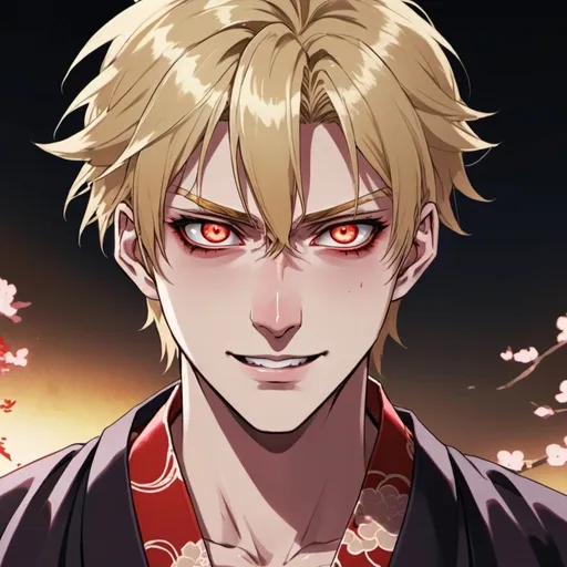 Prompt: dark j anime style anime scene Messy short Golden blonde hair, guy, lean and fit wearing a kimono, glowing crimson eyes, smirking mischievously with his head tilted down, eyes looking at camera. Pale skin and vampire fangs peaking above his bottom lip