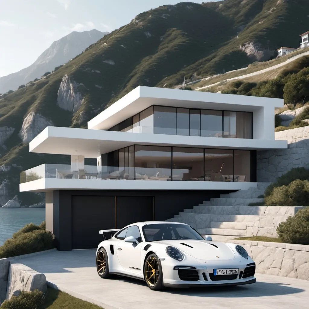 Prompt: House, with cool architecture, in minimalist style, standing on the mountainside, on the sea background, high resolution, photorealistic, masterpiece, best quality, in ultra high quality, 8k, cinematic. Must stand black Porsche formula 1 behind house, with banner ‘Bitrate’ gold font on the car door . House must have white colour. Create zoom animation Picture must have 16:9 size