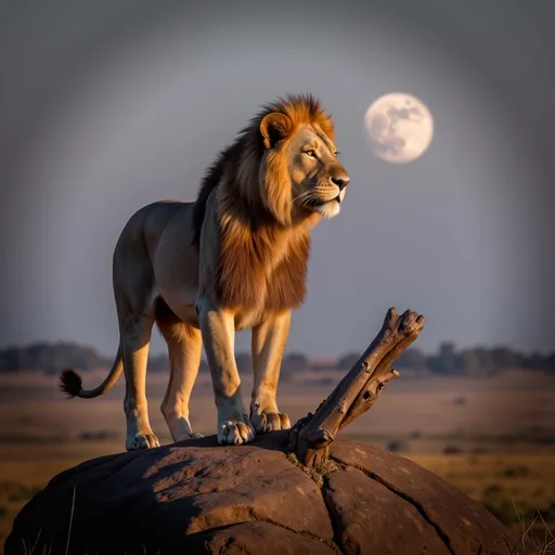 Prompt: You are a wildlife photographer using AI

"A majestic Tsavo lion stands atop a rocky outcropping as dusk settles over the savannah. The AI-enhanced image features two dramatic lighting effects: warm golden sunlight casting long shadows across the lion's tawny coat, and a soft, ethereal moonlit glow beginning to emanate from the eastern horizon. The environmental detail of a withered acacia tree branch lies broken at the lion's paws, worn smooth by time and weather. The mood is one of regal contemplation, as if the lion surveys its kingdom at the threshold of night."