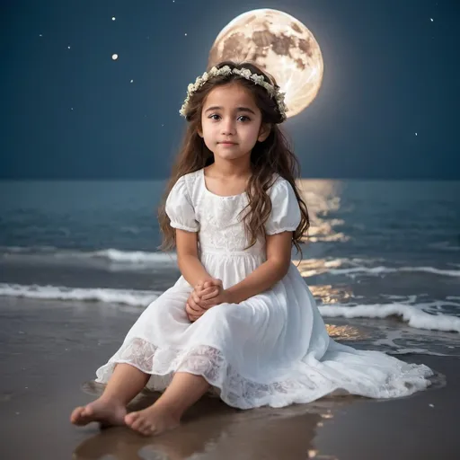 Prompt:   a girl who is sitting on the moon and the moon is in the sea and the girl wears a white beautiful dress , her hair is brown and she is so cute