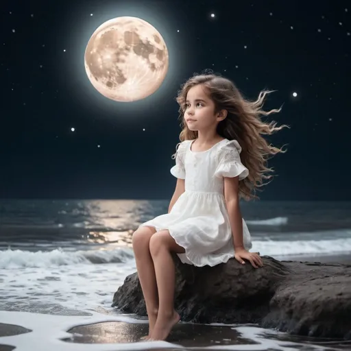 Prompt:   a girl who is sitting on the moon and the moon is in the sea and the girl wears a white beautiful dress , her hair is brown and she is so cute