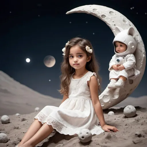 Prompt:   a girl who is sitting on the moon and the moon  and the girl wears a white beautiful dress , her hair is brown and she is so cute