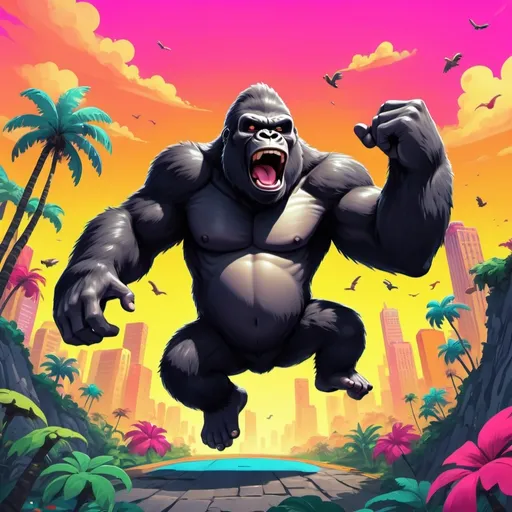 Prompt: (kawaii King Kong character), (small jumps of joy), vibrant pop art style, playful design, colorful playfulness, game world background, dynamic scene, whimsical interactions, animated expressions, entertaining atmosphere, lively colors, engaging composition, ultra-detailed, HD quality, immersive energy, fun setting, cheerful vibe, (creative masterpiece).