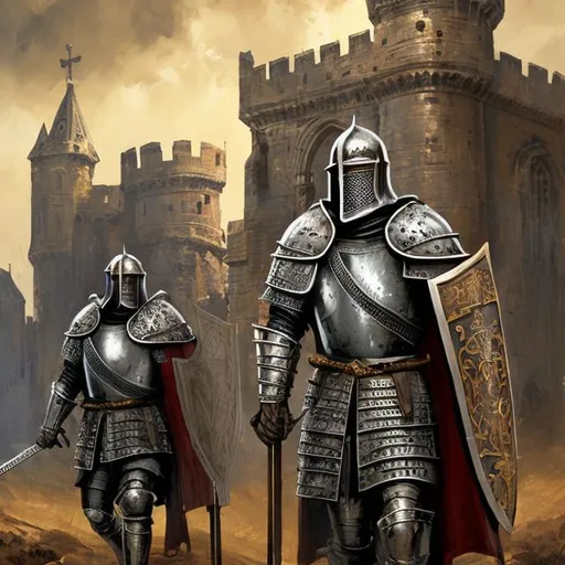 Prompt: Knights Templar in medieval armor, oil painting, ancient castle in the background, intricate metal details, heroic and noble, high quality, historical realism, warm tones, dramatic lighting, medieval, armor details, ancient castle, heroic knights, oil painting, detailed metalwork, noble demeanor, highres, dramatic lighting