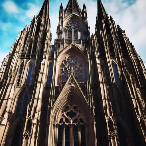 Prompt: Majestic cathedral in gothic style, towering spires reaching towards the sky, intricate stained glass windows, solemn and grand atmosphere, high quality, detailed, gothic architecture, dramatic lighting