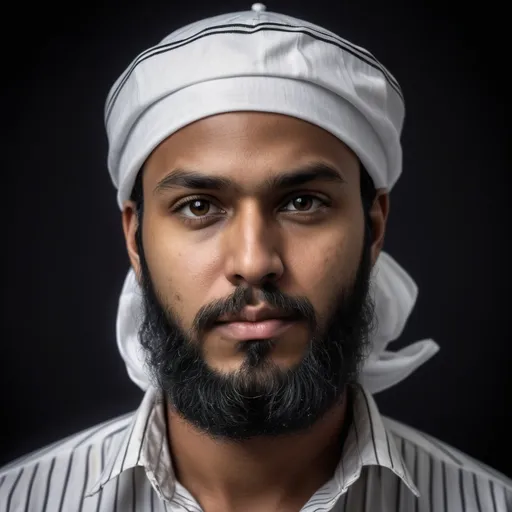 Prompt: Create a portrait of a man with a round face, medium-dark skin tone, and expressive dark eyes. He has a full, long black beard and is wearing a white traditional Sunnah cap. His expression is neutral, and he is dressed in a white, striped button-down shirt. The image should include a subtle watermark, with a soft-lit, simple background focusing on the man's face and attire.