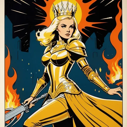 Prompt: Silk screen comic book illustration, 1960s retro futurism, Aelin galathynius, golden armor, golden crown, wielding fire 