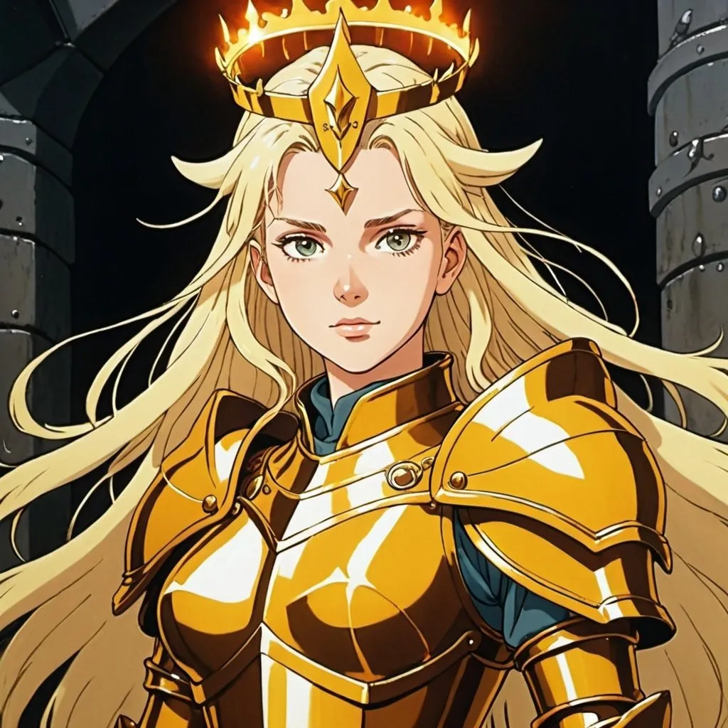 Prompt: 1990s anime, Aelin galathynius, golden armor, golden crown, welding fire