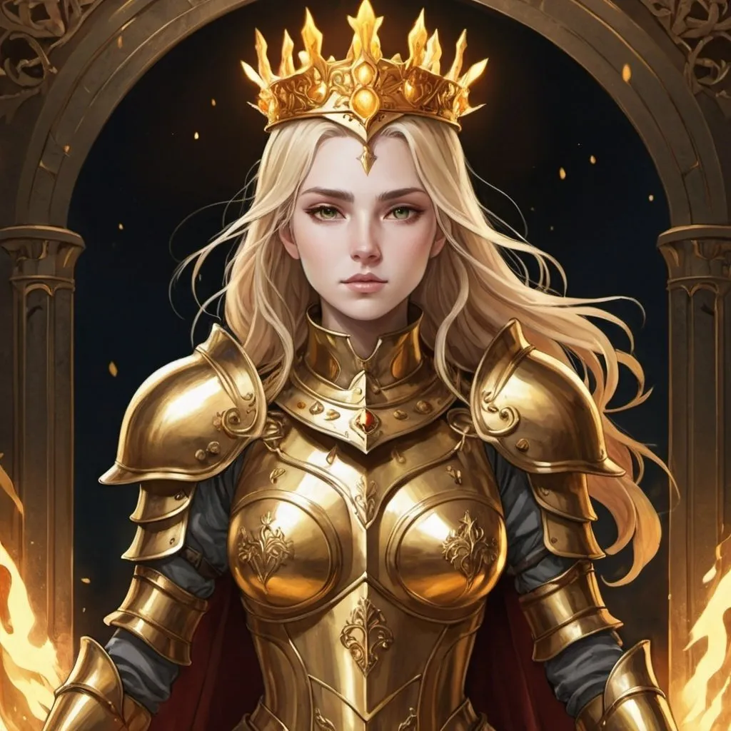 Prompt: tarot card Anime illustration, Aelin galathynius, golden armor, golden crown, welding fire
