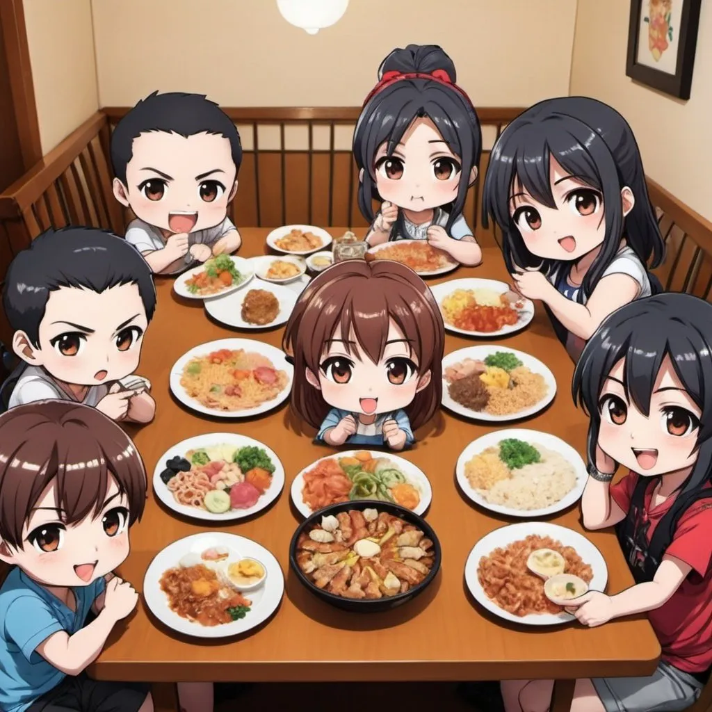 Prompt: 10 people eating in table anime style happy fiesta barangay cute chibi style big head small body