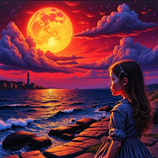 Prompt: colorful sky, half sketch oil painting, fine ink lines, A little close-up girl with old clothes stand in left side of the image, and looks onto> a sun Photorealism, movie scene, hight up in sky, fantasy, port, red glowing, houses, supermoon, digital art, artstation, pretty visuals, tower, red-orange sky, reflects, aesthetic, artstation, shadow effect, highly detailed, magical, starfilled sky, orbs in the night, magical, epic water, charming, colorful, hyper sharp fhoto focus, clarify colour