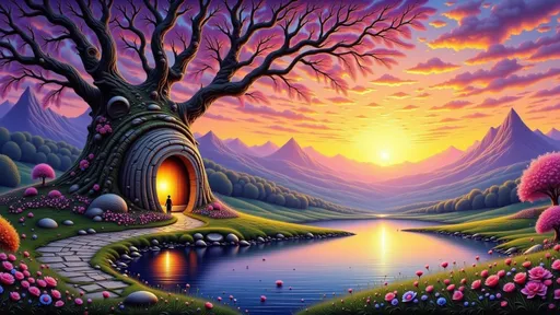 Prompt: Highly detailied oil painting of a fantasy fairytale landscape, Vibrant, sunset with Inner Peace a place in the nature where I can thinking, big stone, tree, a small lake