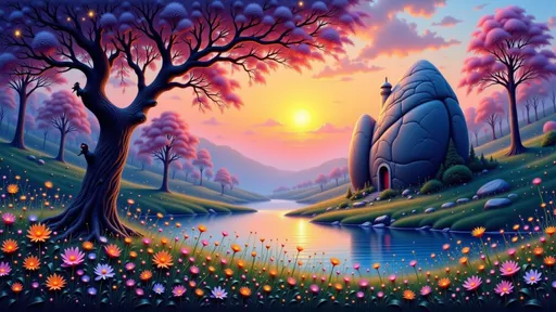 Prompt: Highly detailied oil painting of a fantasy fairytale landscape, Vibrant, sunset with Inner Peace a place in the nature where I can thinking, big stone, tree, a small lake
