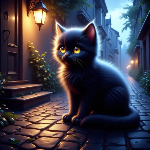 Prompt: a majestic black kitten with a sleek, fluffy fur and one tail, sits a top a cobblestone floor in citytown, highly detailed yellow eyes and iris gleaming with mischief. glowing, highly contrast