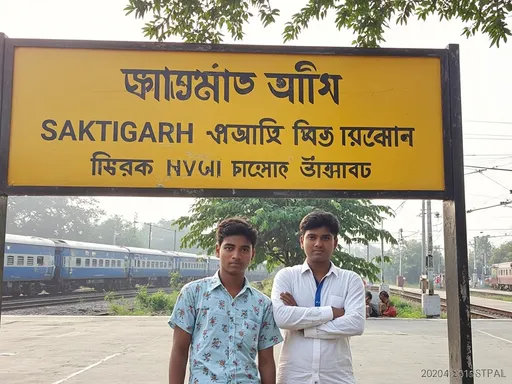 Prompt: At the Saktigarh railway station, two young men stand prominently in front of a large, vibrant yellow sign that reads "Saktigarh" in both Bengali and English, emphasizing the station’s identity. The first young man, wearing a light blue floral shirt, gazes directly at the camera, displaying a neutral expression, while the second, dressed in a white shirt with blue accents, crosses his arms with a confident demeanor. In the background, a train with blue and gray carriages rests on the tracks, framed by lush green trees and a bright morning sky, hinting at an inviting atmosphere. The composition is dynamic, drawing attention to the contrasting colors of the sign and the natural setting, while the overall mood resonates with a sense of adventure and anticipation. The photo captures a fleeting moment in their journey, marked by the date and time below.