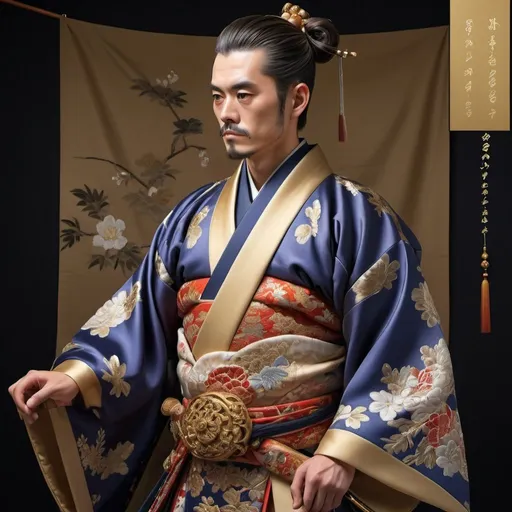 Prompt: Realistic full-body Japanese man cavalier, elaborate royal clothing, intricate traditional details, rich and vibrant royal colors, high-quality, traditional painting, royal attire, detailed embroidery, regal demeanor, ornate kimono design, luxurious fabrics, gold accents, elegant posture, flowing silk fabric, professional, traditional, exquisite lighting